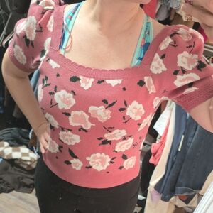 Floral Square-Neck Pink Knit Top